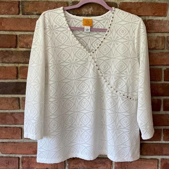 Ruby Rd Lace Beaded V-Neck Top White Large - Picture 1 of 8